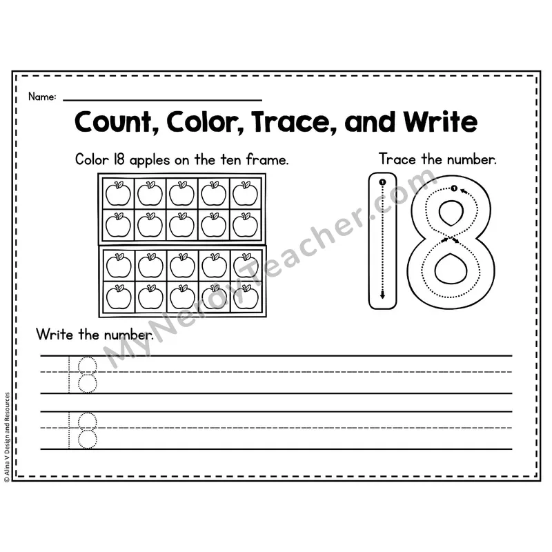 Number 18 Worksheet — Count, Color, Trace and Write