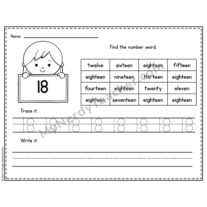Number 18 Worksheet — Find and Trace the Number Word