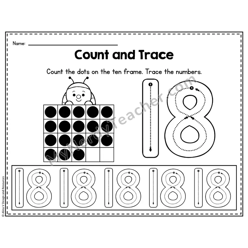 Number 18 Worksheet — Count and Trace