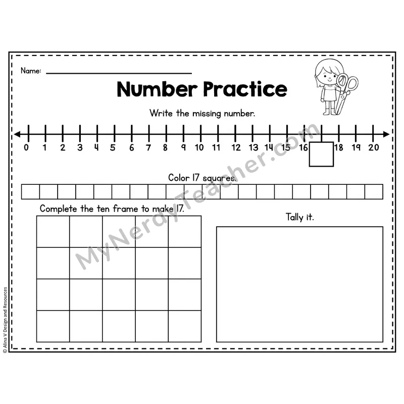 Number 17 Worksheet — Number Practice with Ten Frames