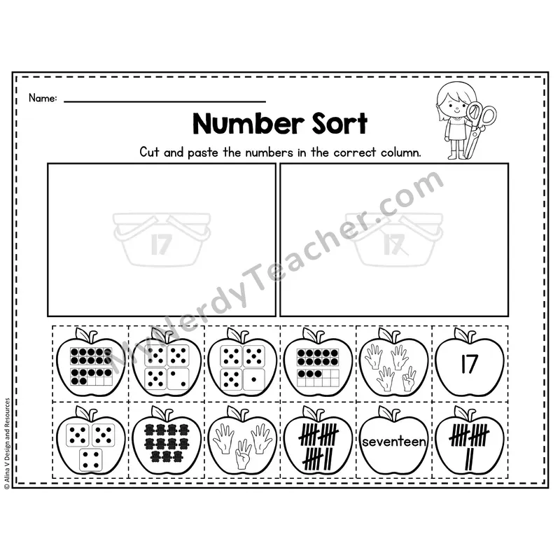 Number 17 Worksheet — Number Sort Cut and Paste