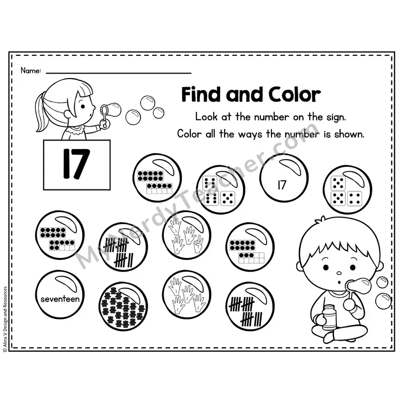 Number 17 Worksheet — Find and Color the Number