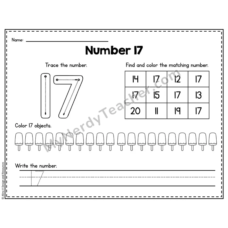 Number 17 Worksheet — Trace, Find and Write