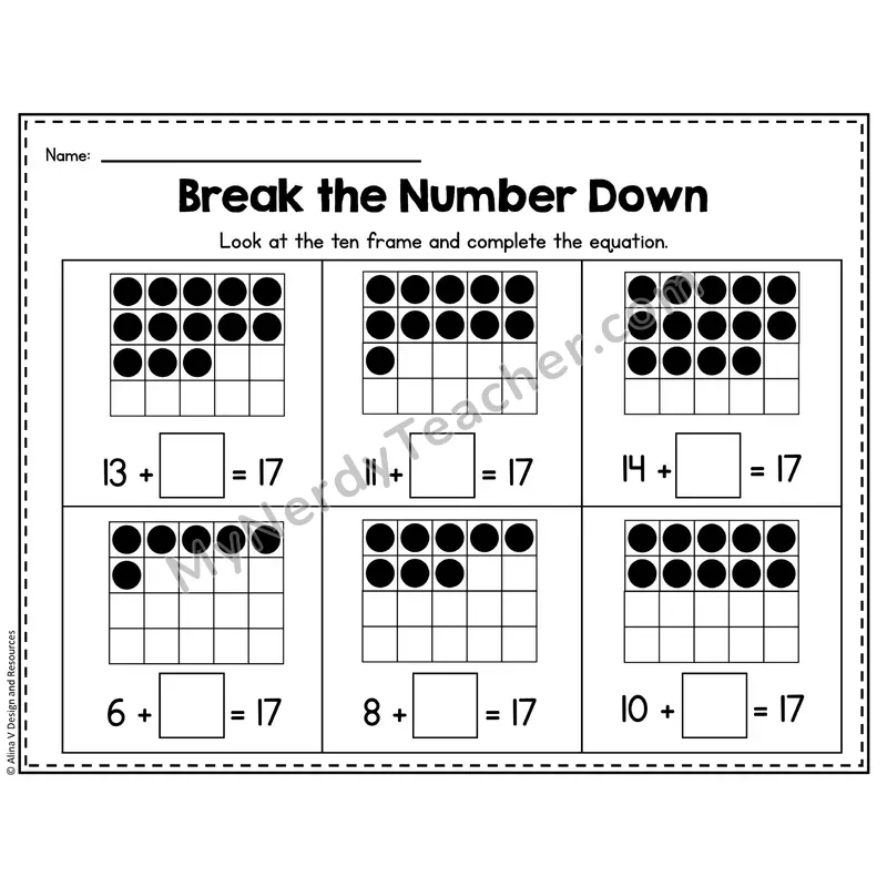 Number 17 Worksheet — Break the Number Down with Ten Frames