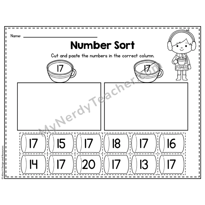 Number 17 Worksheet — Number Sort Cut and Paste