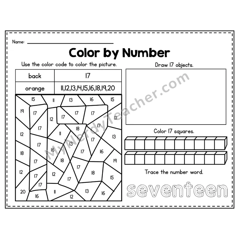 Number 17 Worksheet — Color by Number
