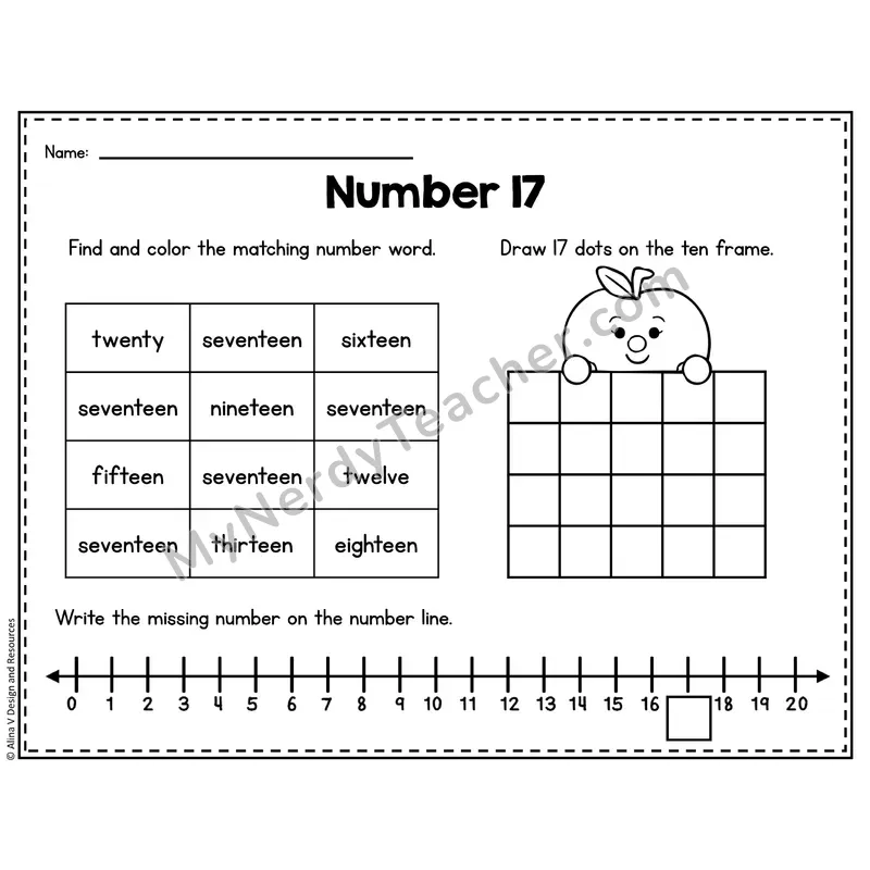 Number 17 Worksheet — Ten Frames and Number Words
