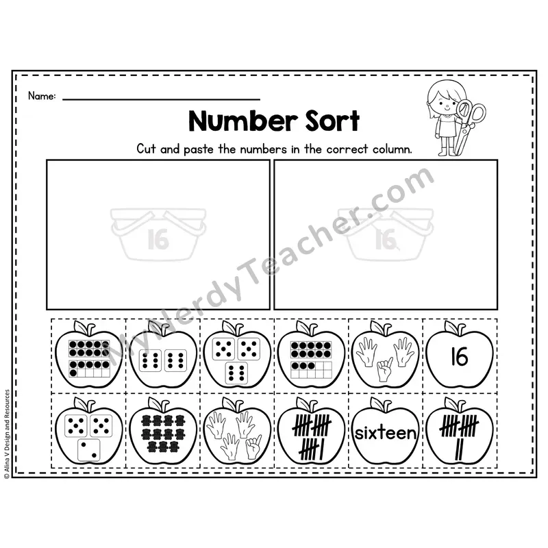Number 16 Worksheet — Number Sort Cut and Paste