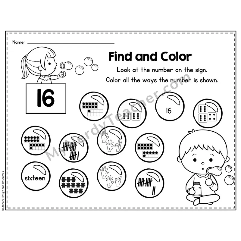 Number 16 Worksheet — Find and Color the Number