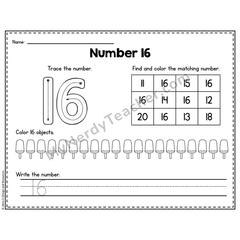 Number 16 Worksheet — Trace, Find and Write