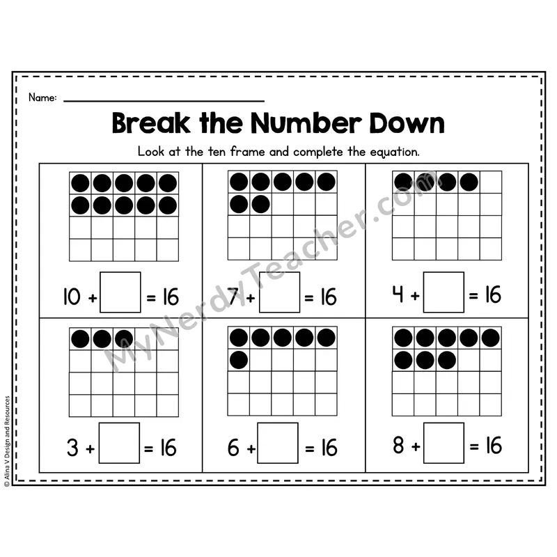 Number 16 Worksheet — Break the Number Down with Ten Frames