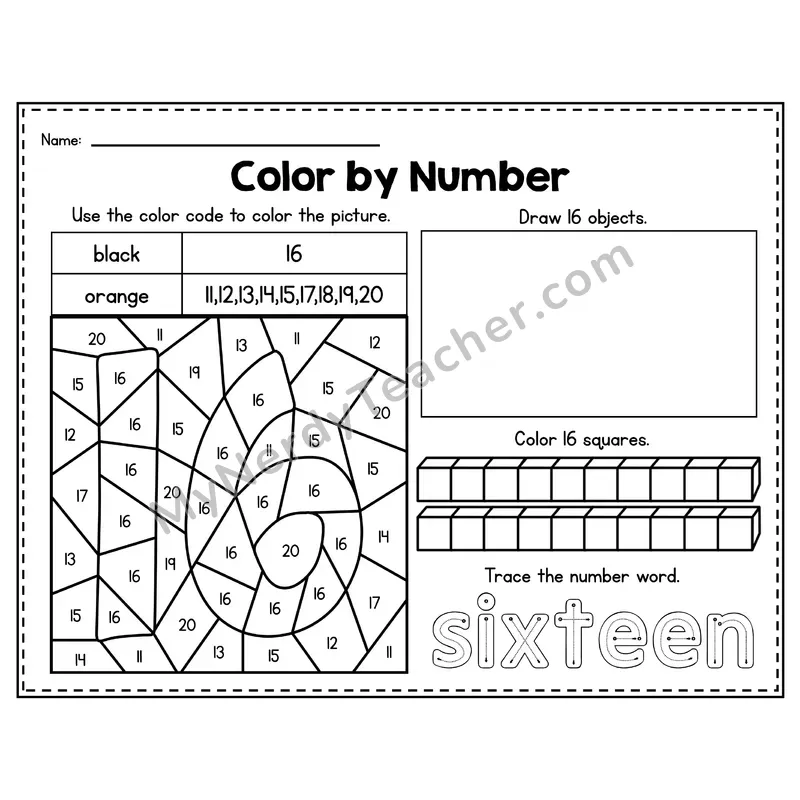 Number 16 Worksheet — Color by Number