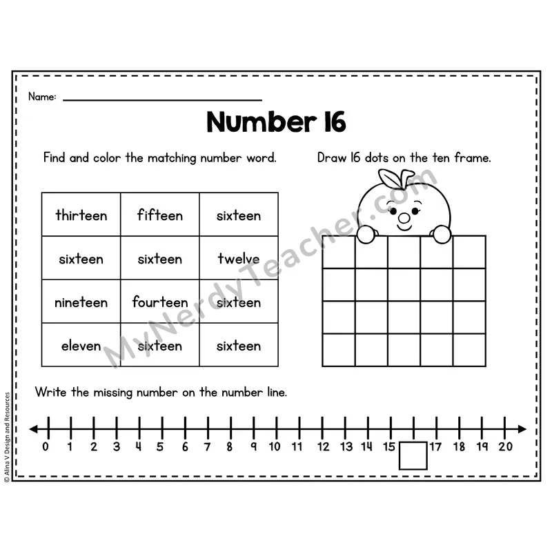 Number 16 Worksheet — Ten Frames and Number Words