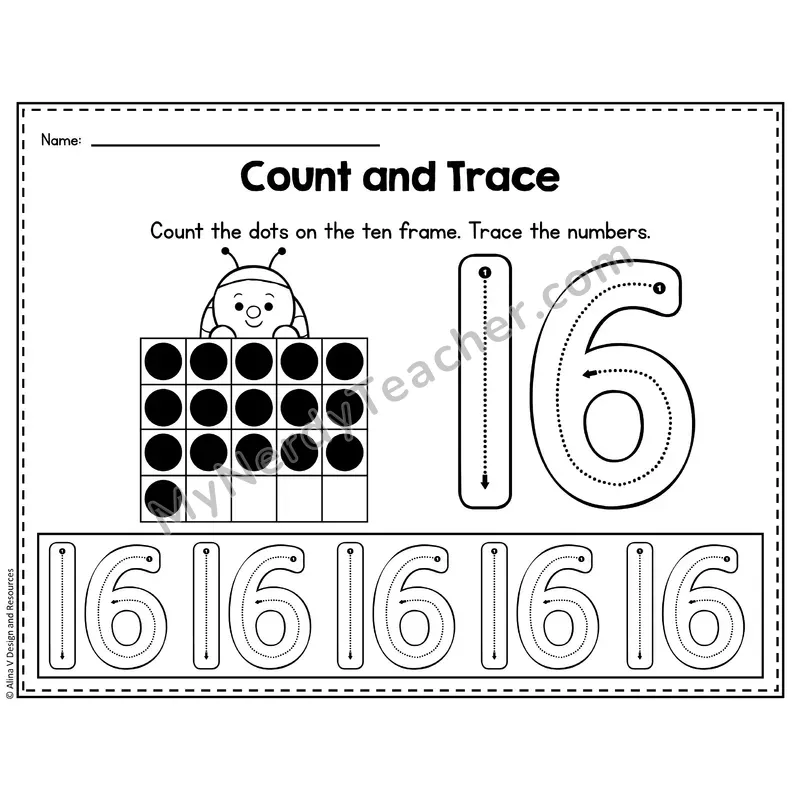 Number 16 Worksheet — Count and Trace
