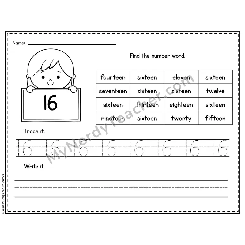 Number 16 Worksheet — Find and Trace the Number Word