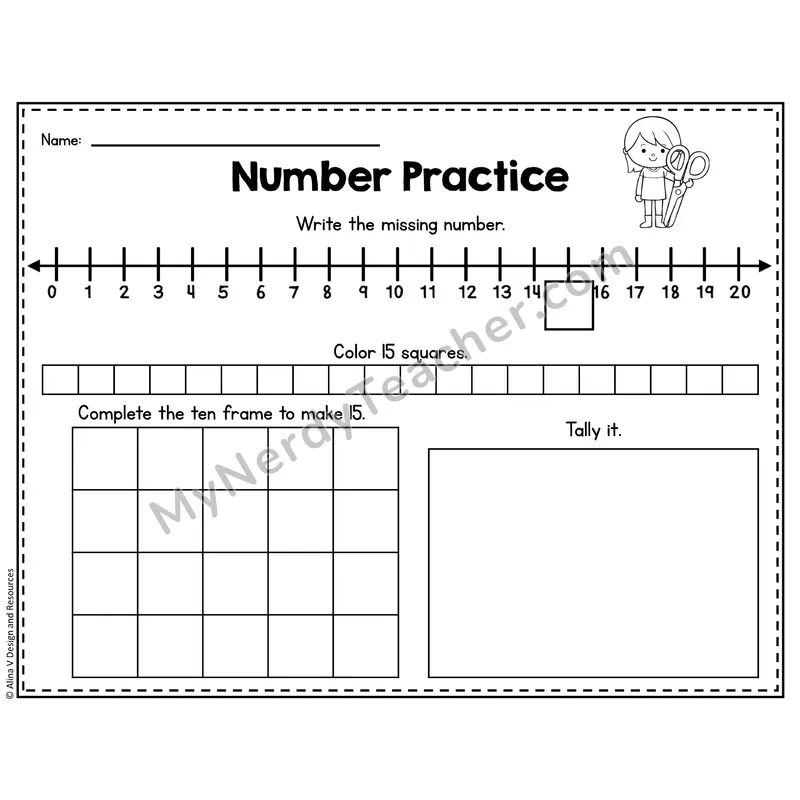 Number 15 Worksheet — Number Practice with Ten Frames