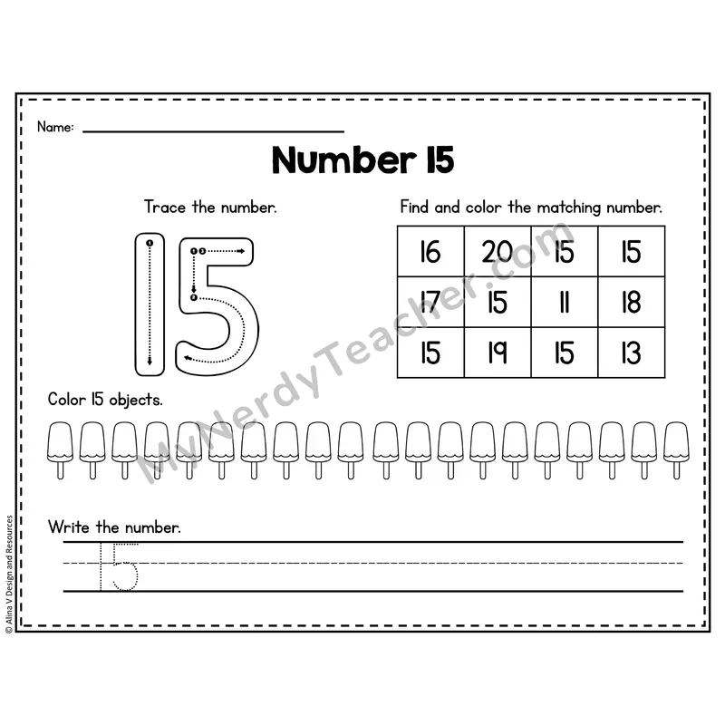 Number 15 Worksheet — Trace, Find and Write
