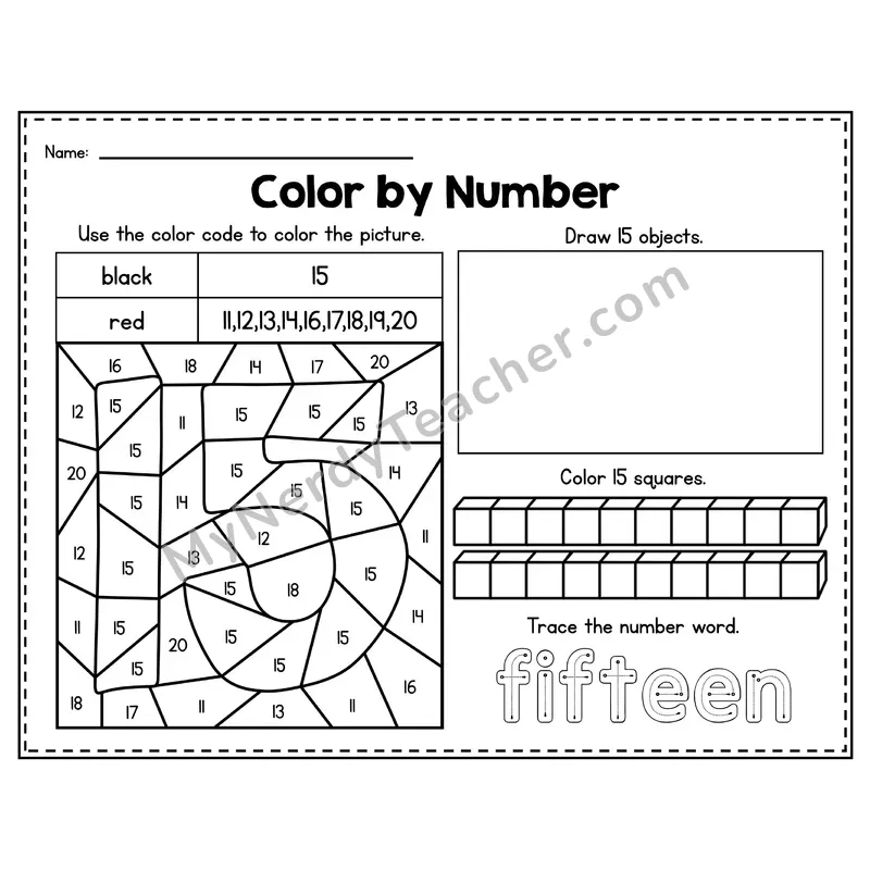 Number 15 Worksheet — Color by Number