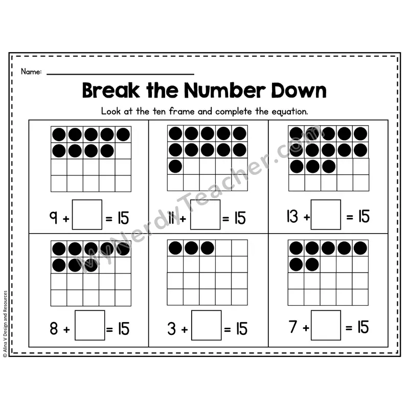 Number 15 Worksheet — Break the Number Down with Ten Frames