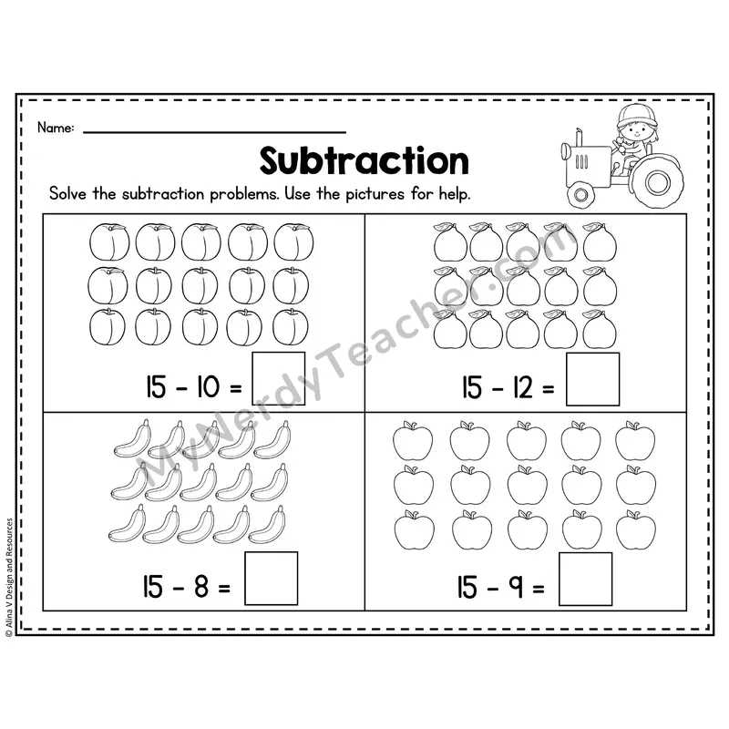 Number 15 Worksheet — Subtraction Within 20