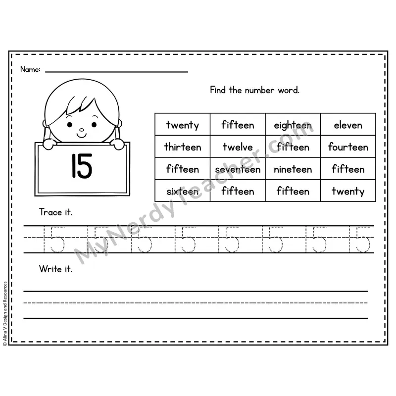 Number 15 Worksheet — Find and Trace the Number Word
