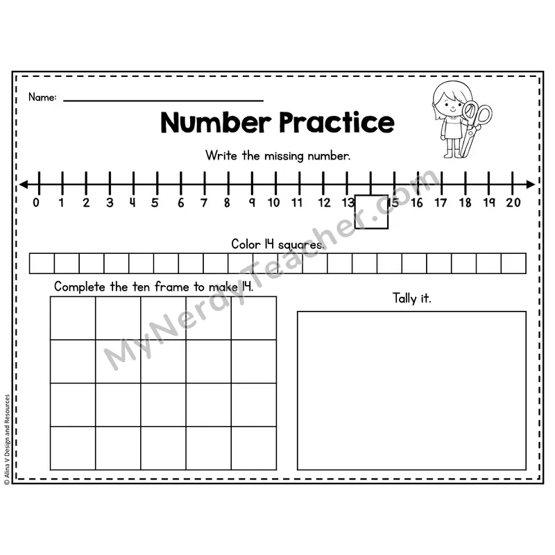 Number 14 Worksheet — Number Practice with Ten Frames