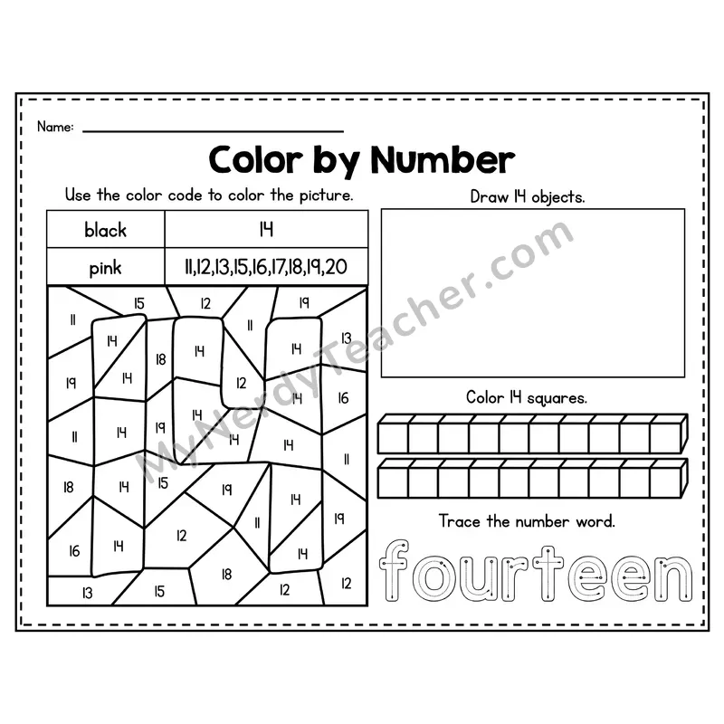 Number 14 Worksheet — Color by Number