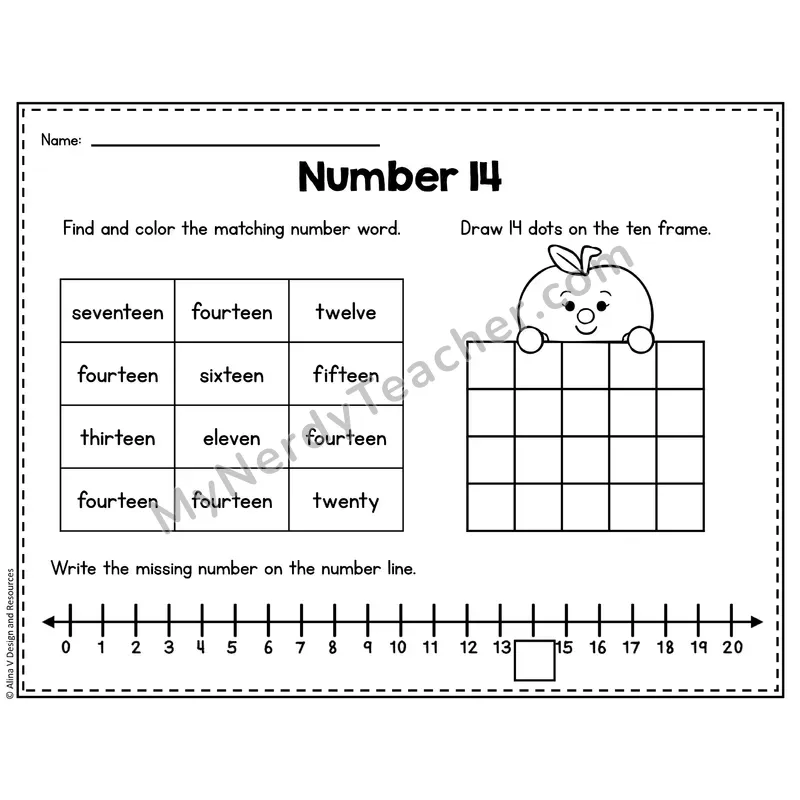 Number 14 Worksheet — Ten Frames and Number Words