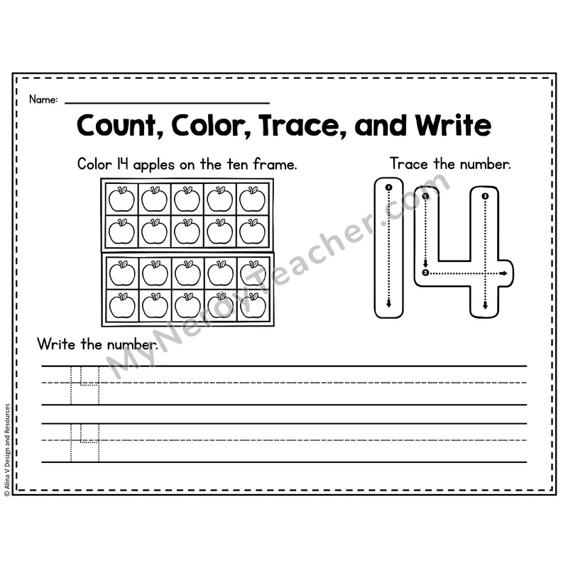 Number 14 Worksheet — Count, Color, Trace and Write