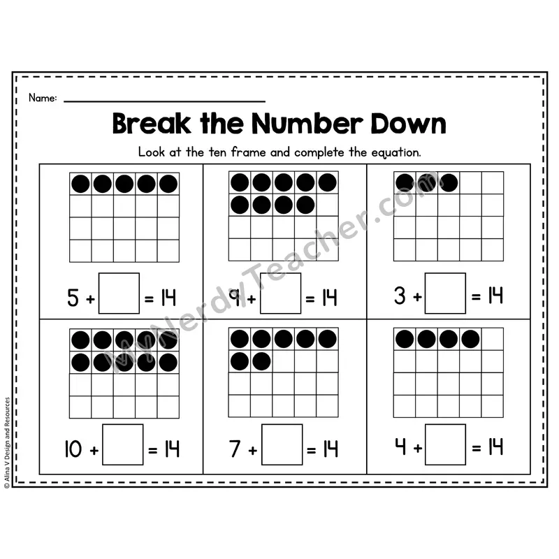 Number 14 Worksheet — Break the Number Down with Ten Frames