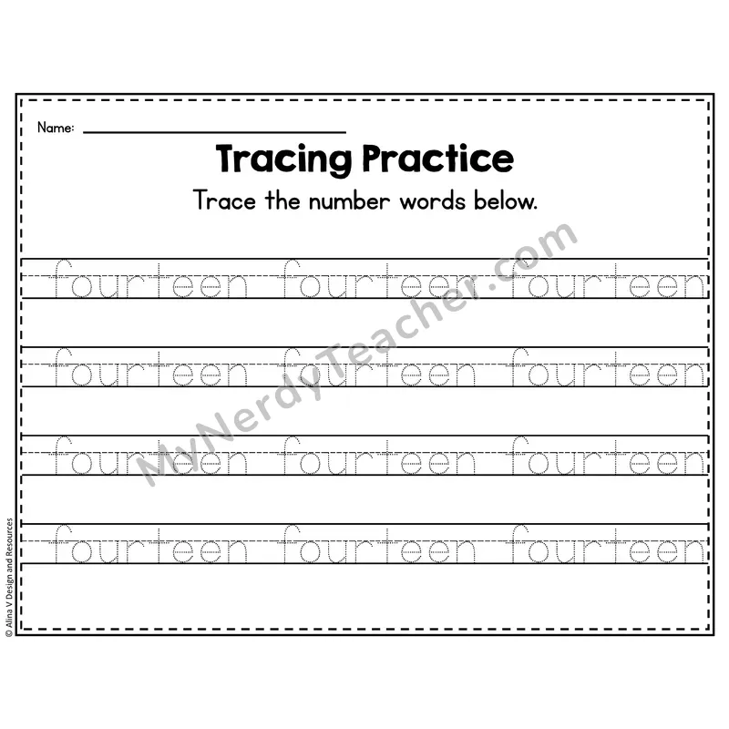 Number 14 Worksheet — Number Tracing Practice