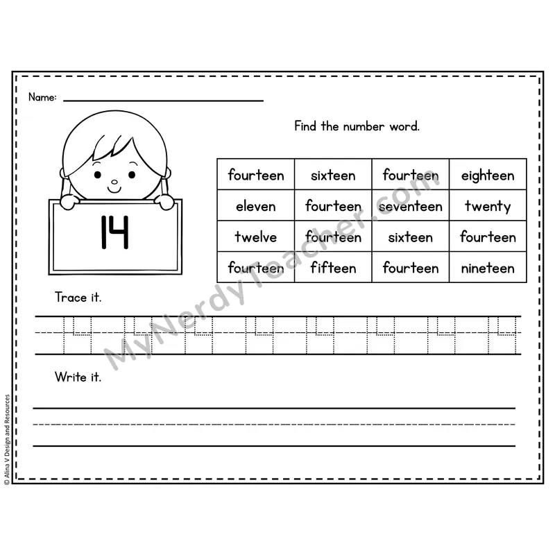 Number 14 Worksheet — Find and Trace the Number Word