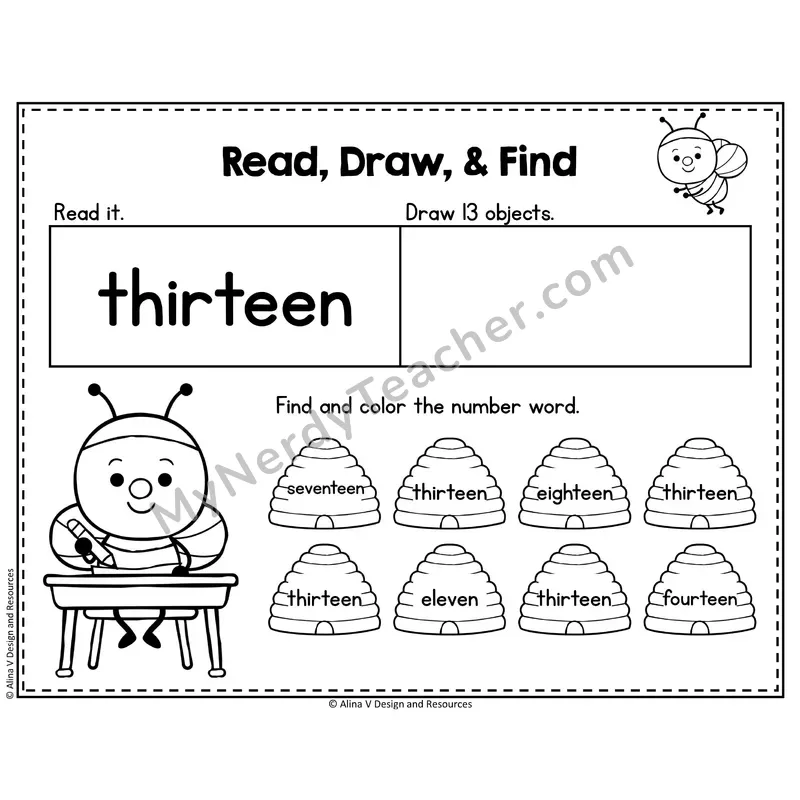 Number 13 Worksheet — Read, Draw and Find