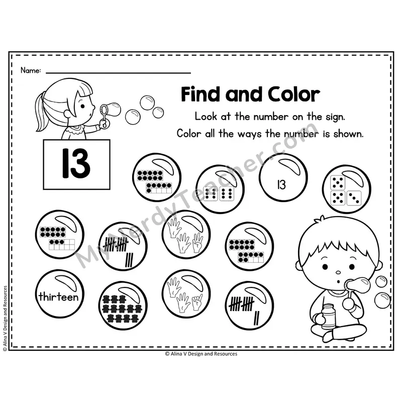 Number 13 Worksheet — Find and Color the Number