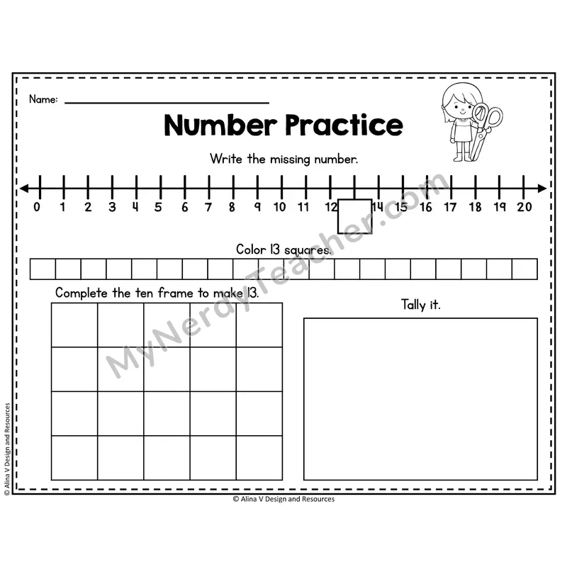 Number 13 Worksheet — Number Practice with Ten Frames