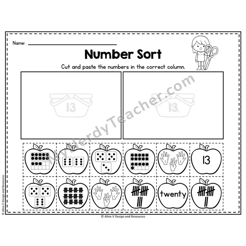 Number 13 Worksheet — Number Sort Cut and Paste