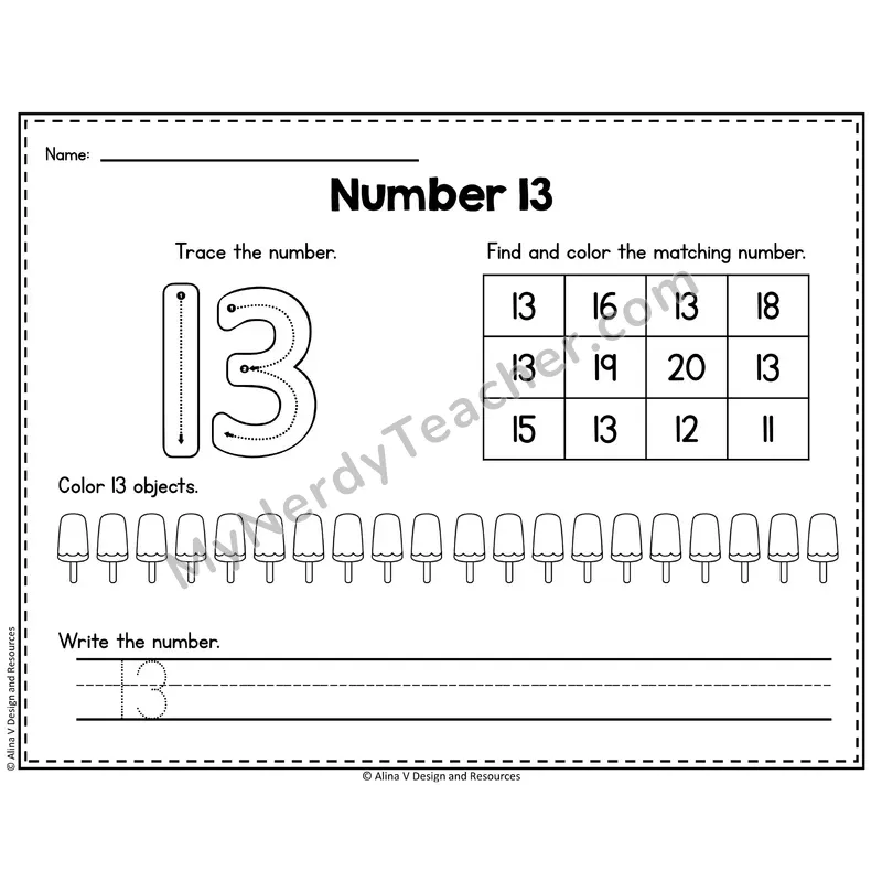 Number 13 Worksheet — Trace, Find and Write