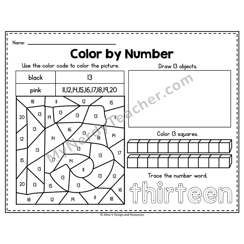 Number 13 Worksheet — Color by Number