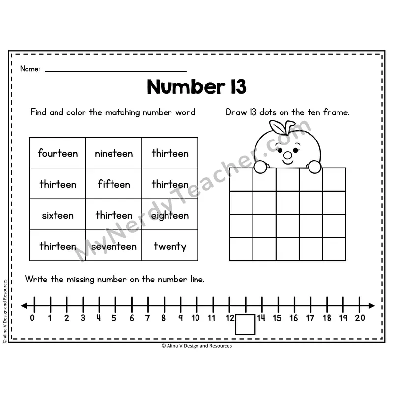 Number 13 Worksheet — Ten Frames and Number Words