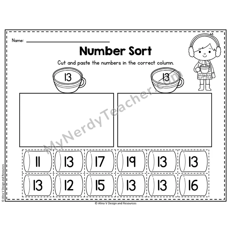 Number 13 Worksheet — Number Sort Cut and Paste