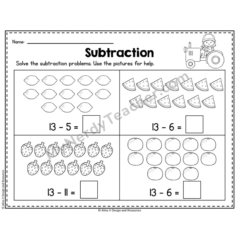 Number 13 Worksheet — Subtraction Within 20