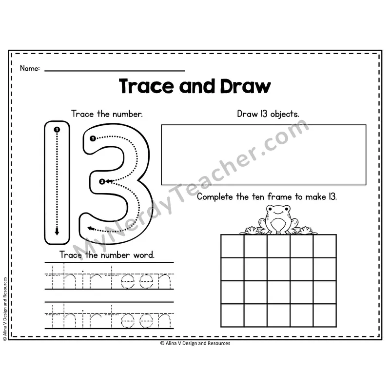Number 13 Worksheet — Trace and Draw