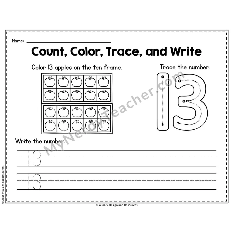 Number 13 Worksheet — Count, Color, Trace and Write