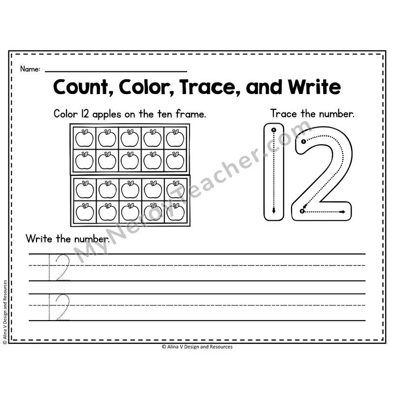 Number 12 Worksheet — Count, Color, Trace and Write