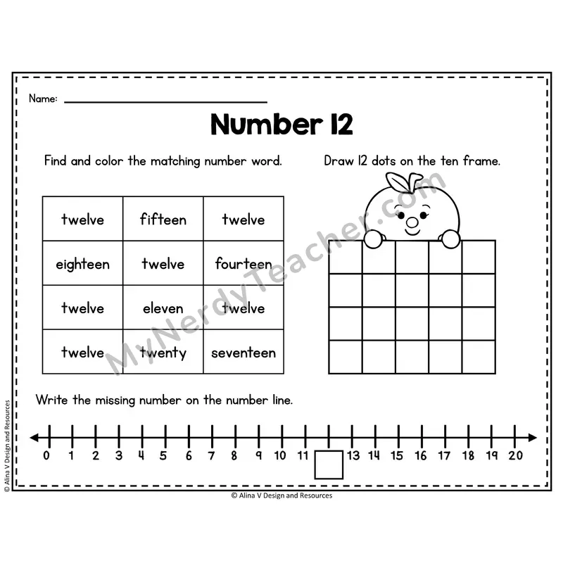 Number 12 Worksheet — Ten Frames and Number Words