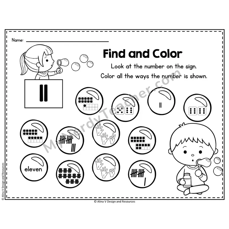 Number 11 Worksheet — Find and Color the Number