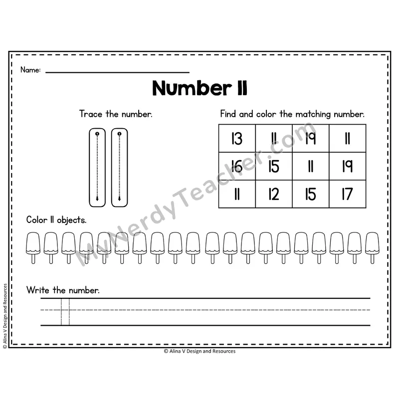 Number 11 Worksheet — Trace, Find and Write