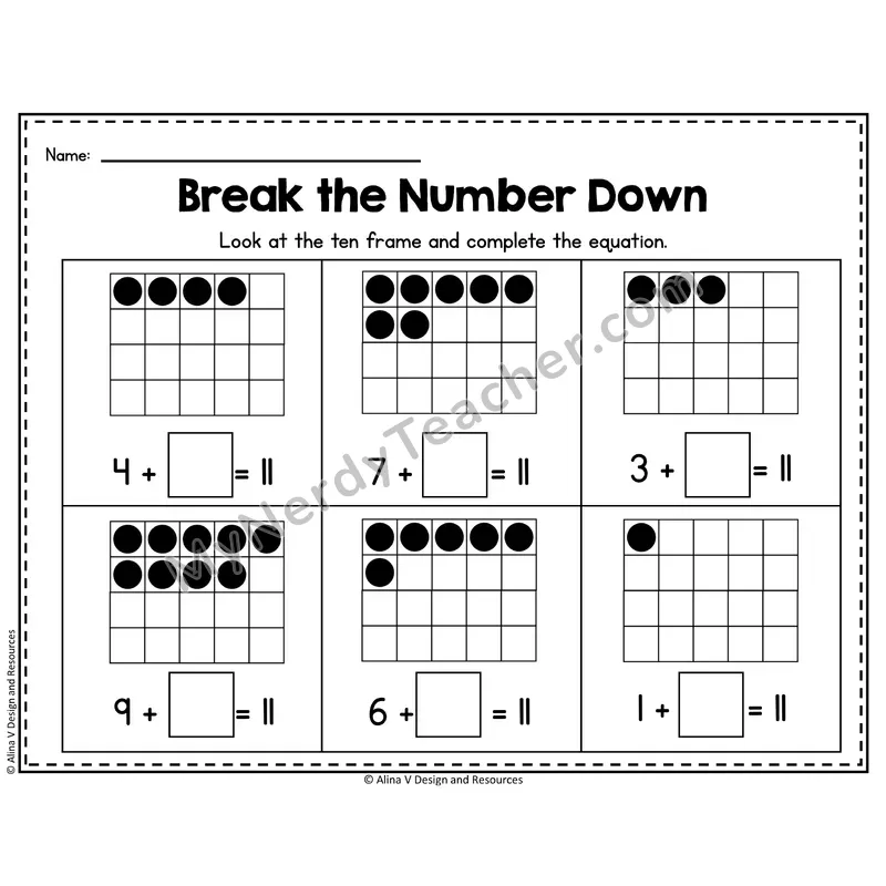 Number 11 Worksheet — Break the Number Down with Ten Frames