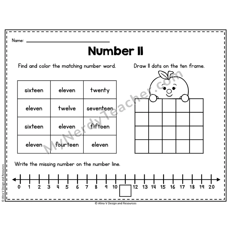 Number 11 Worksheet — Ten Frames and Number Words