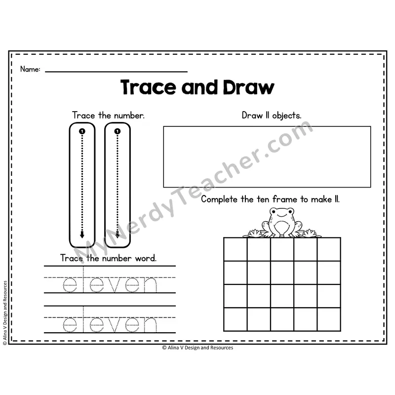 Number 11 Worksheet — Trace and Draw